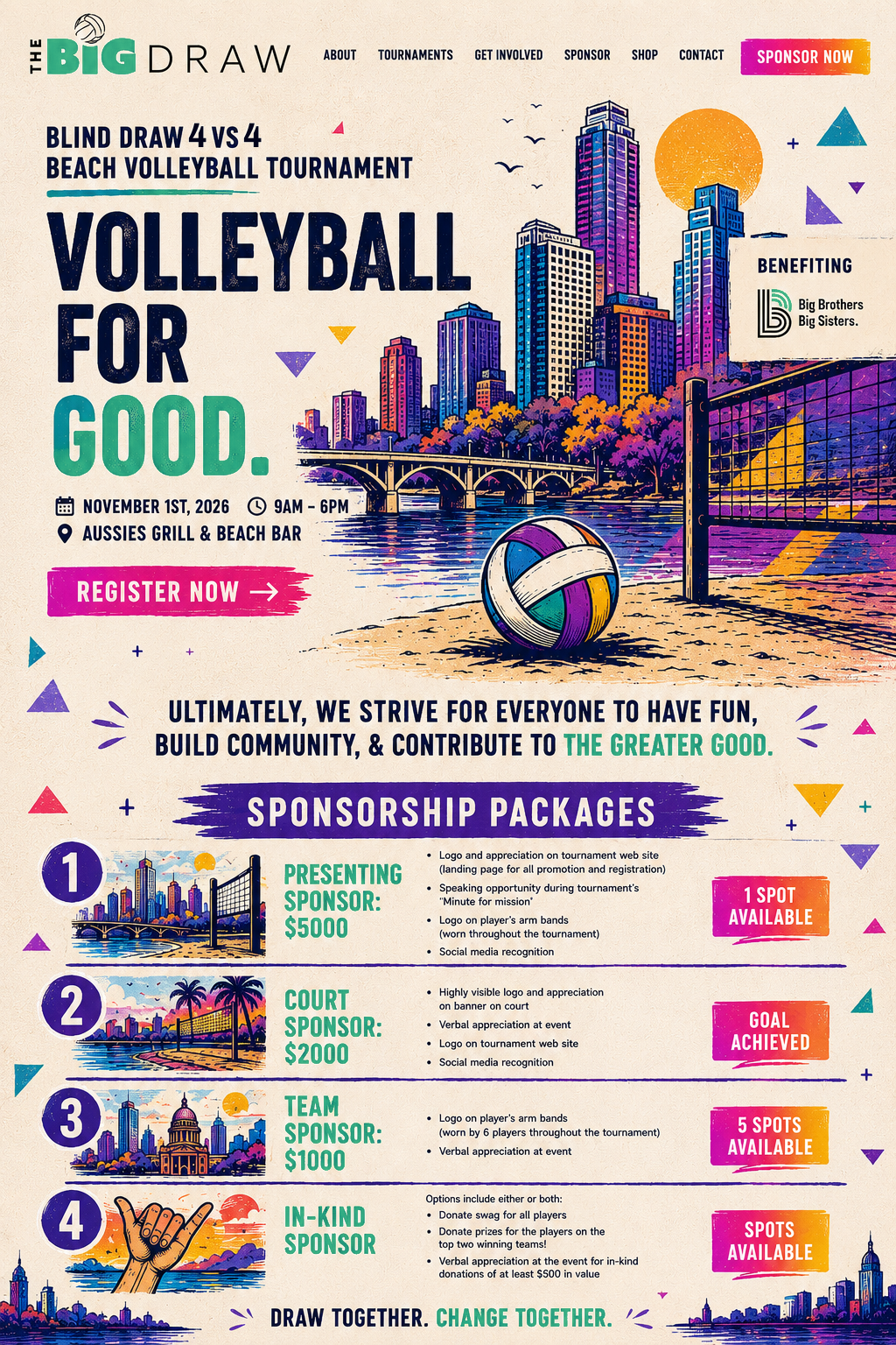The Big Draw — Blind Draw beach volleyball tournament, November 1st, 2026 at Aussies Grill & Beach Bar. Volleyball for Good, benefiting Big Brothers Big Sisters.